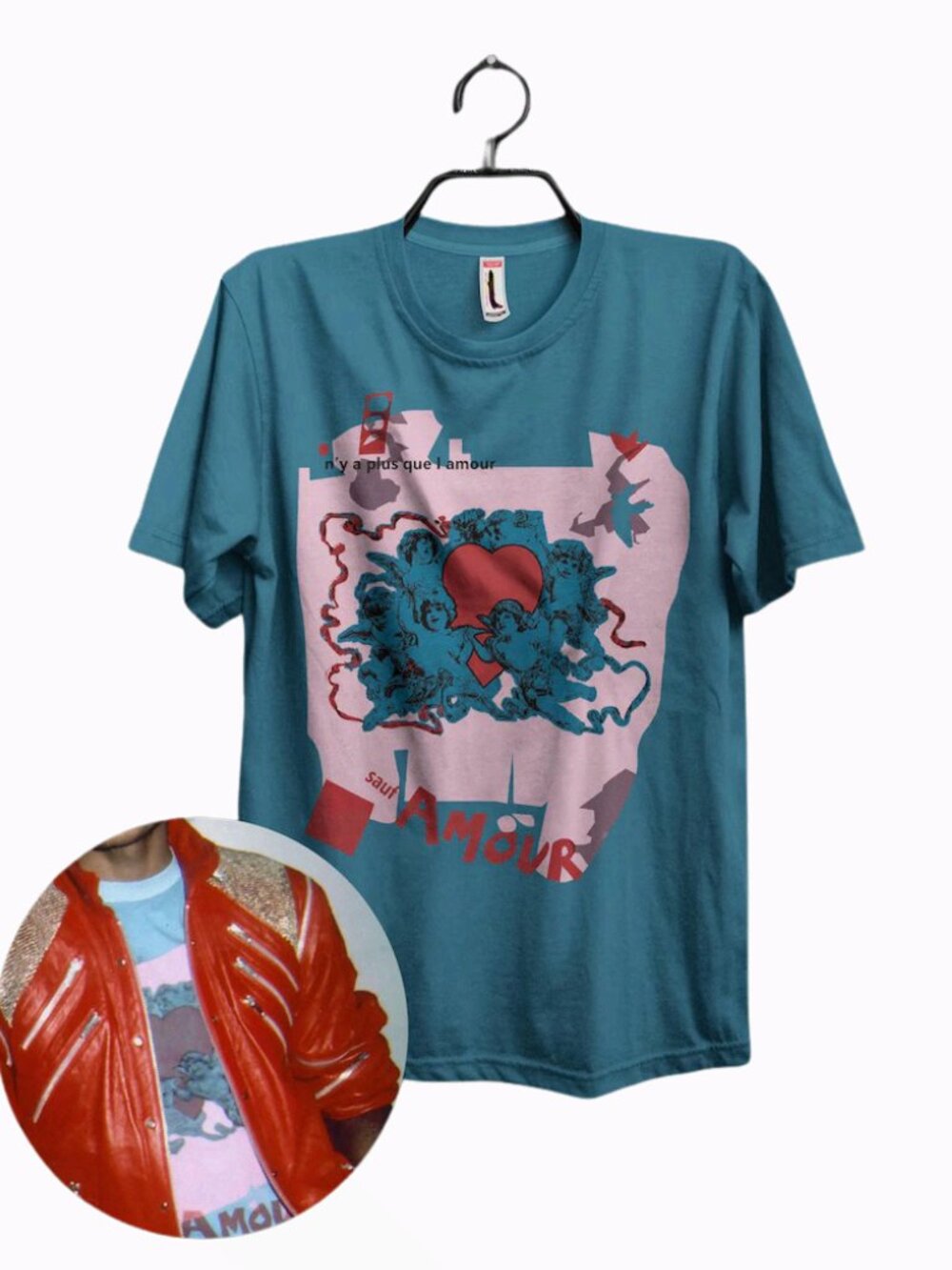 Vintage French Amour Cherub Heart Teal Graphic Tee Y2K Romantic